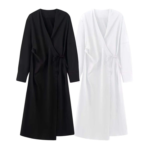 Vestido Midi Cruzado para Mujer Cuello en V Manga Larga Camisa Elegante Minimalista Color Sólido Cintura con Lazo Casual Moda