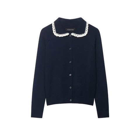 Dames Frans Vintage Marineblauw Gebreid Vest Met Witte Gehaakte Kant Peter Pan Kraag Lange Mouw Top Met Knopen