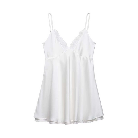 Damen Sexy Satin Spitze V-Ausschnitt Trägerkleid Minimalistisch Einfarbig Spaghetti-Träger Rückenloses Nachthemd Slipkleid