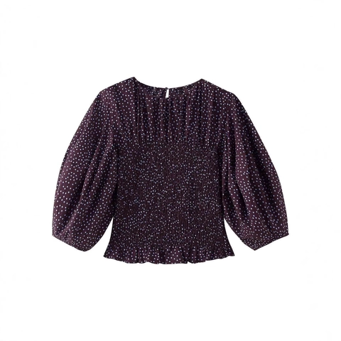 Blusa Vintage de Lunares con Mangas Abullonadas Mujer Elegante con Nido de Abeja Cuello Cuadrado Ajustada Top Casual Borgoña