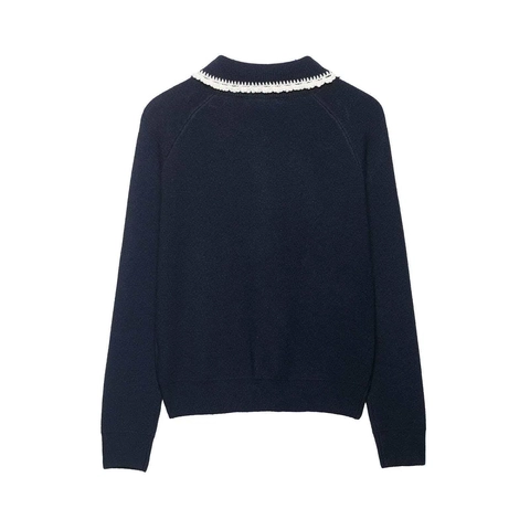 Dames Frans Vintage Marineblauw Gebreid Vest Met Witte Gehaakte Kant Peter Pan Kraag Lange Mouw Top Met Knopen