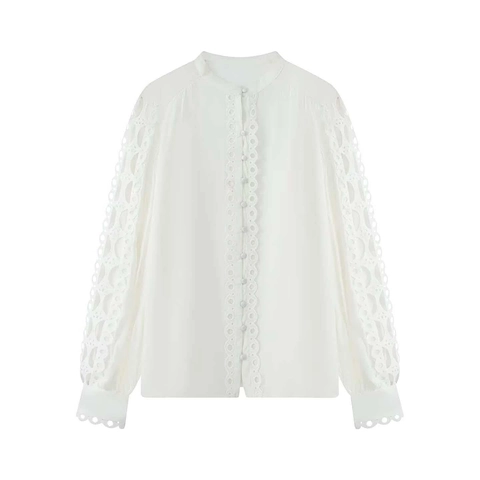 Chemisier Vintage pour Femmes Col Montant Élégant Patchwork de Dentelle Manches Longues Chemise Ajourée Décontractée Rétro Couleur Unie