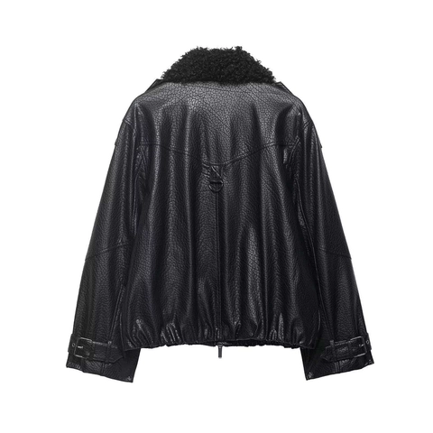 Damen Casual Kunstleder Fliegerjacke Mit Kunstpelzkragen Schwarz Biker Jacke Locker Langarm Reißverschluss Warme Oberbekleidung