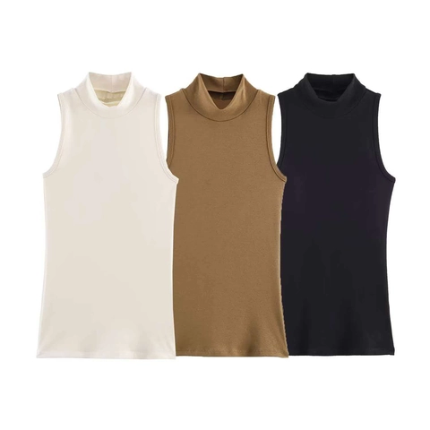 Women's Casual Mock Neck Sleeveless Ribbed Knit Tank Top Slim Fit Solid Color Summer Commuter Elegant Basic Under Shirt