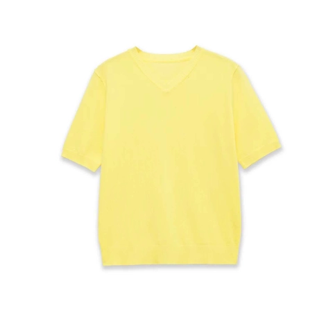 Women's Casual V-Neck Knit Top Solid Color Short Sleeve Ribbed Trim Polyester Sweater For Daily Commute Summer Spring Yellow