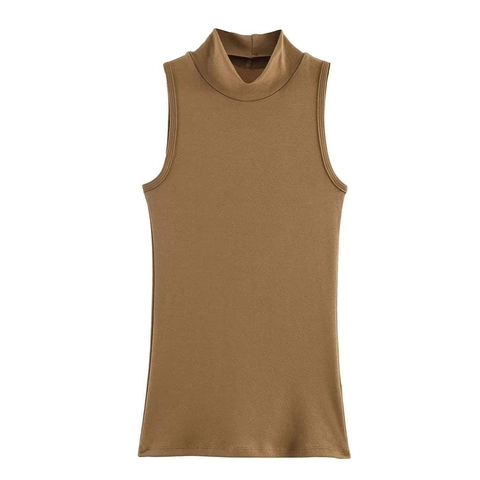 Women Mock Neck Sleeveless Tank Top Knit Solid Color Slim Fit Stretchy Summer Vest Mock Turtleneck Casual