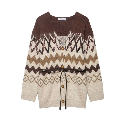 Vrouwen Vintage Geometrische Golf Gebreid Vest Met Riem Pailletten Kralen V-Hals Lange Mouw Enrijige Boho Trui Top