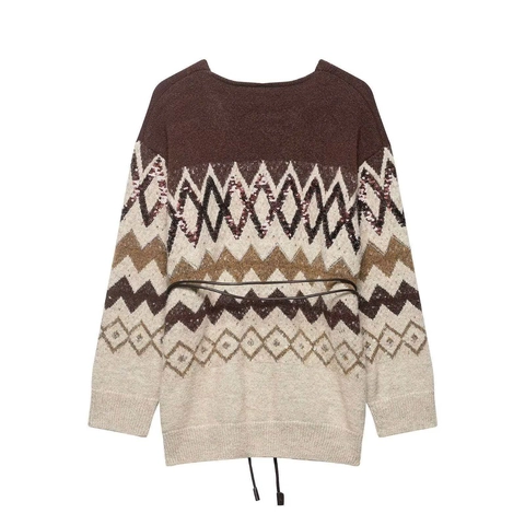 Vrouwen Vintage Geometrische Golf Gebreid Vest Met Riem Pailletten Kralen V-Hals Lange Mouw Enrijige Boho Trui Top