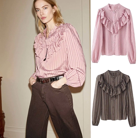 Chemisier Rayé Vintage à Manches Longues Détail Volants Superposés Col Montant Chemise Boutonnage Simple Haut Ajusté Femme