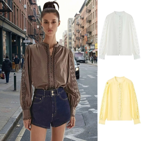 Chemisier Vintage pour Femmes Col Montant Élégant Patchwork de Dentelle Manches Longues Chemise Ajourée Décontractée Rétro Couleur Unie
