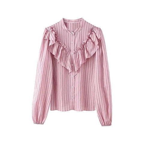 Chemisier Rayé Vintage à Manches Longues Détail Volants Superposés Col Montant Chemise Boutonnage Simple Haut Ajusté Femme