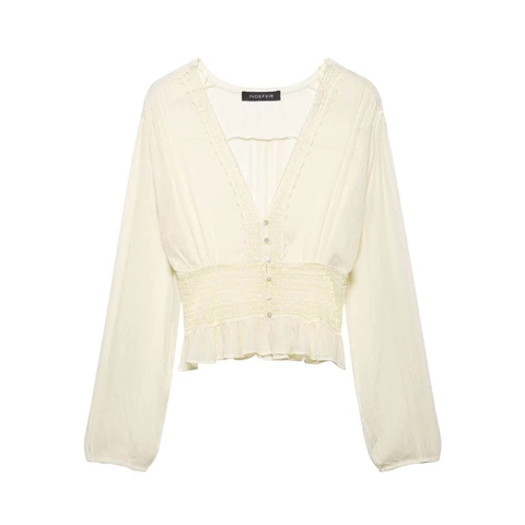 Élégante Blouse en Chiffon pour Femme Col en V Patchwork en Dentelle Taille Smokée Top Manches Longues Blanc Cassé Plissé
