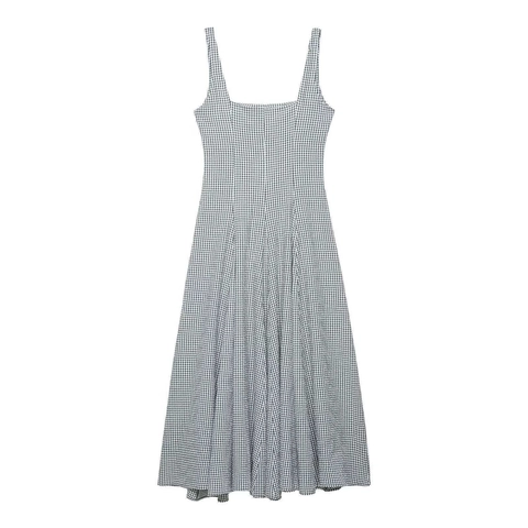 Damen Schwarz Weiß Gingham Quadratischer Ausschnitt Midi Kleid Ärmellos A-Linie Sommer Lässig Elegant Karomuster Polyester Sommerkleid