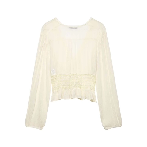 Élégante Blouse en Chiffon pour Femme Col en V Patchwork en Dentelle Taille Smokée Top Manches Longues Blanc Cassé Plissé