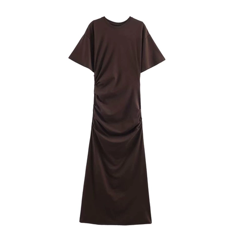 Dames Zomer Minimalistisch Chocoladebruin Geplooid Maxi Jurk Ronde Hals Korte Mouw Slanke Pasvorm Elegant Casual Jurk