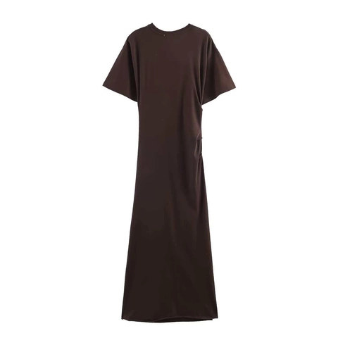 Dames Zomer Minimalistisch Chocoladebruin Geplooid Maxi Jurk Ronde Hals Korte Mouw Slanke Pasvorm Elegant Casual Jurk