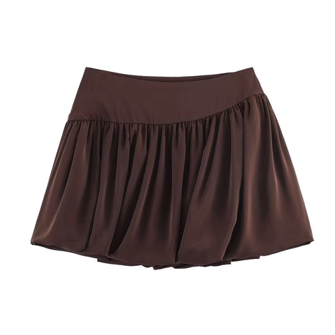 Women's High Waist Ruched Bubble Hem Mini Skirt Satin Look Solid Color Elegant Puff Skirt For Summer Daily Dating