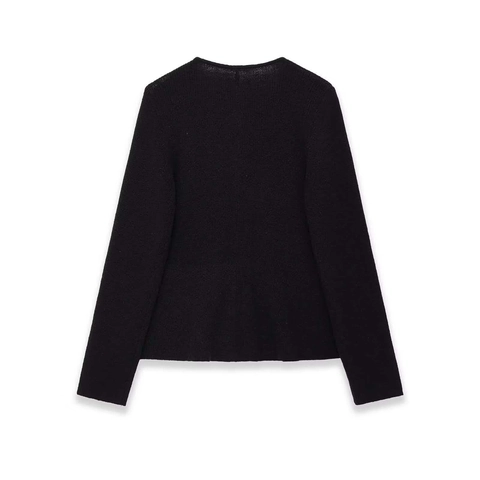Women's Round Neck Long Sleeve Knit Cardigan Peplum Hem Button Down Black Sweater Top Solid Color Casual Knitwear