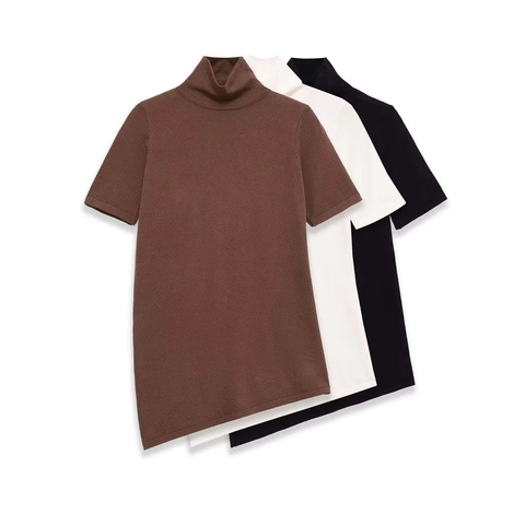 Vêtements en Tricot Décontractés pour Femmes Manches Courtes Col Roulé Couleur Unie Ourlet Asymétrique Haut en Polyester Léger Pull