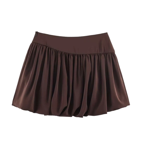 Women's High Waist Ruched Bubble Hem Mini Skirt Satin Look Solid Color Elegant Puff Skirt For Summer Daily Dating