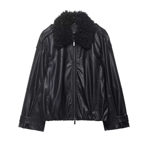 Damen Casual Kunstleder Fliegerjacke Mit Kunstpelzkragen Schwarz Biker Jacke Locker Langarm Reißverschluss Warme Oberbekleidung