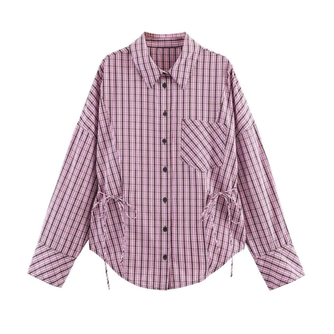 Chemise Femme Décontractée à Carreaux Gingham Rose Manches Longues Polyester Chemisier Ample Avec Taille à Cordon et Ourlet Arrondi