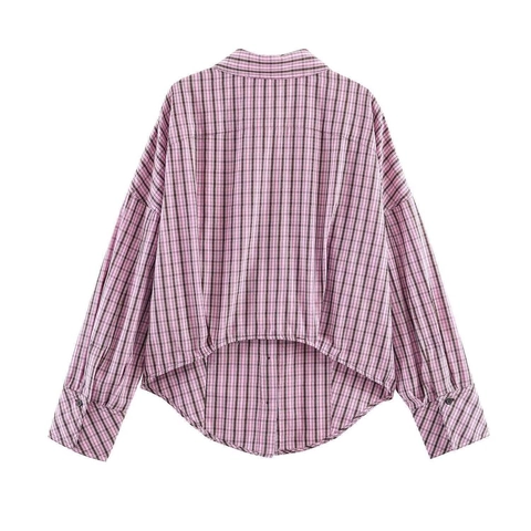 Chemise Femme Décontractée à Carreaux Gingham Rose Manches Longues Polyester Chemisier Ample Avec Taille à Cordon et Ourlet Arrondi