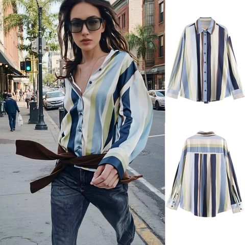 Dames Elegant Meerkleurig Gestreepte Lange Mouw Overhemd Satijnen Textuur Blouse Losse Pasvorm Casual Halflang Kantoor Revers Top