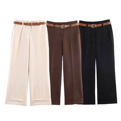 Pantaloni a Gamba Larga a Vita Alta da Donna Con Cintura Pendolare Ufficio Drappeggiato Orlo Con Risvolto Gamba Dritta