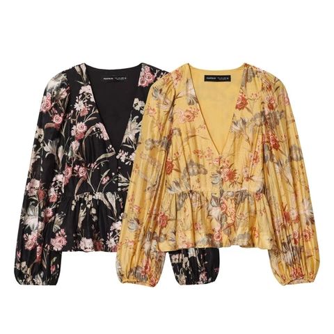 Vintage Bloem Peplum Top Voor Dames V-Hals Pof Lange Mouw Polyester Blouse Casual Forens Bedrukt Shirt