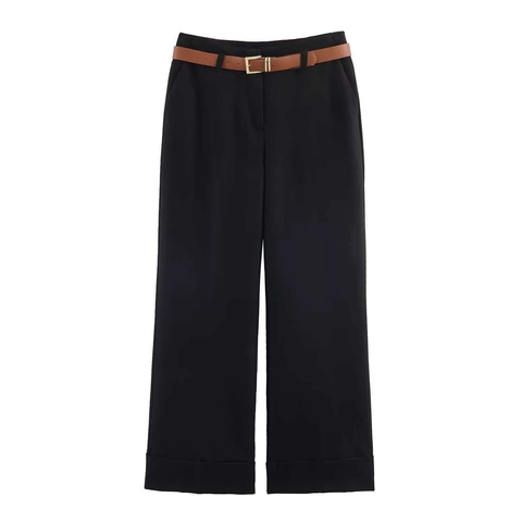 Pantaloni a Gamba Larga a Vita Alta da Donna Con Cintura Pendolare Ufficio Drappeggiato Orlo Con Risvolto Gamba Dritta