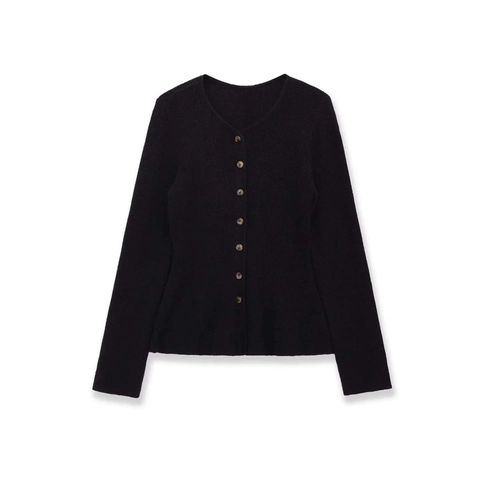 Women's Round Neck Long Sleeve Knit Cardigan Peplum Hem Button Down Black Sweater Top Solid Color Casual Knitwear