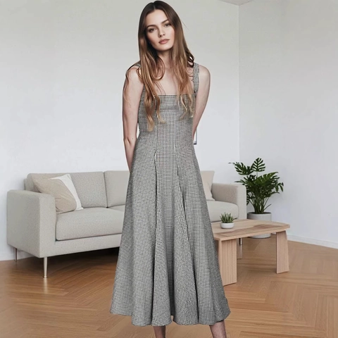 Damen Schwarz Weiß Gingham Quadratischer Ausschnitt Midi Kleid Ärmellos A-Linie Sommer Lässig Elegant Karomuster Polyester Sommerkleid
