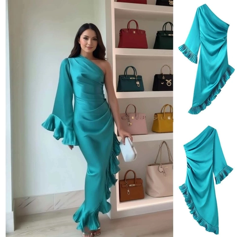 Elegante Vestido Maxi de Satén Cerceta de un Hombro Asimétrico de Manga Larga con Volantes Ajuste Entallado Vestido de Fiesta