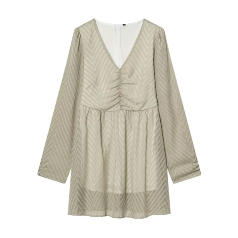 Women Sexy V-Neck Ruched Long Sleeve Mini Dress Elegant Textured Solid Color Bodycon Party Dress