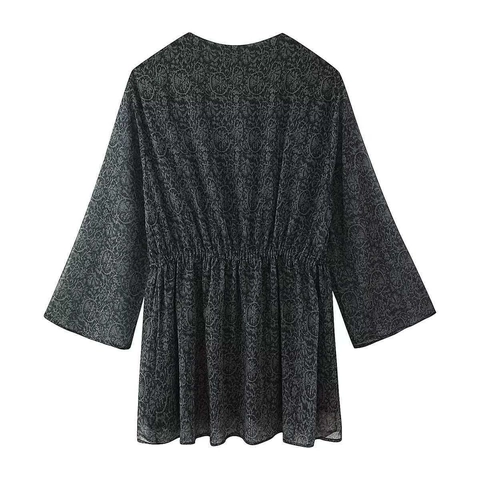Vestido Mini Vintage para Mujer Estampado Cachemira Cuello V Manga Larga Holgado Casual con Borlas y Lurex Metálico