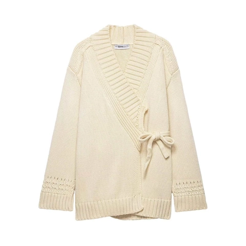 Women Casual Knit Cardigan Wrap V Neck Tie Waist Long Sleeve Apricot Hollow Out Detail Soft Solid Color Sweater Top