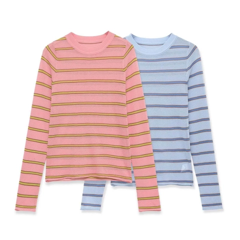 Damen Slim Fit Gestreifter Strickpullover Langarm Rundhals Leichter Polyester Pullover Top Für Den Täglichen Casual Mode