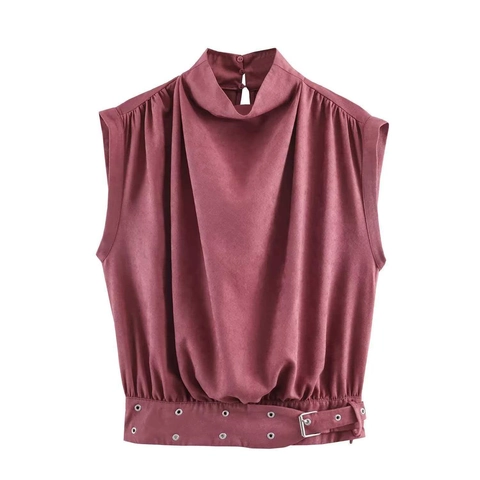 Sleeveless Mock Neck Faux Suede Top For Women With Waist Buckle Belt Pleated Detail Elegant Solid Color Chic Blouse