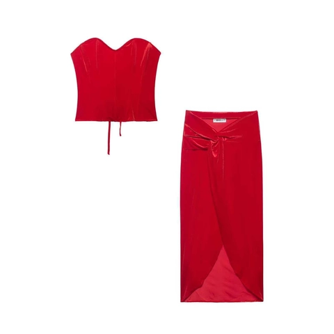 Women's Red Velvet Two Piece Set Sweetheart Neck Corset Top And High Waist Slit Wrap Midi Skirt Elegant Party Banquet Outfit