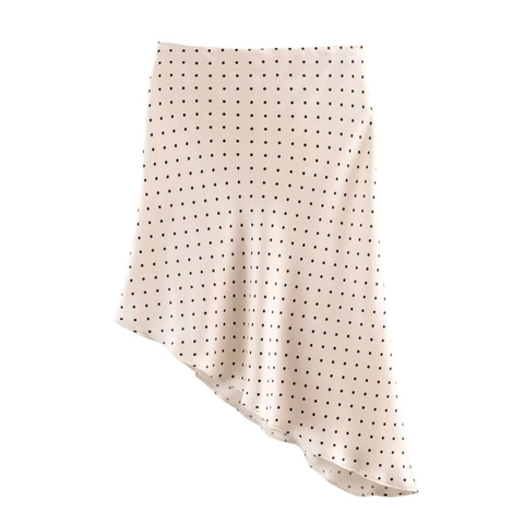 Elegante Gonna Midi a Pois Asimmetrica Donna Vita Alta Trama in Raso Gonna Crema e Nero Casual Quotidiano
