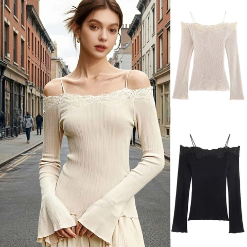Women Off The Shoulder Ribbed Knit Top Slim Fit Long Sleeve Lace Trim Spaghetti Strap Beige Black Elegant Commuter Sweater