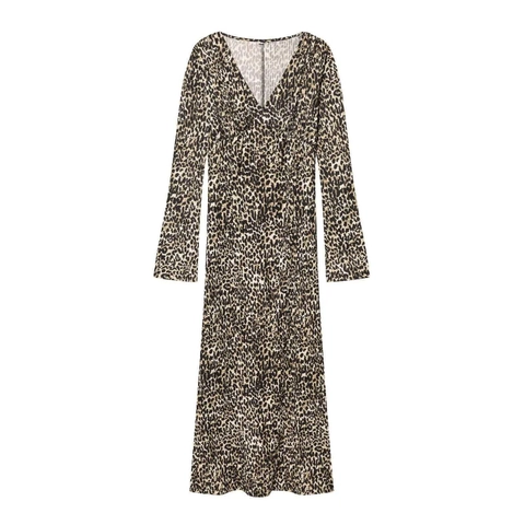 Damen V-Ausschnitt Plissee Print Maxikleid Elegant Langarm Leopard Floral Casual Langes Kleid