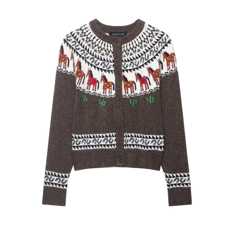 Cárdigan de Punto Jacquard de Caballo Vintage Fair Isle Mujer Cuello Redondo Manga Larga Botones Suéter Marrón Casual