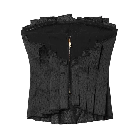 Women Sexy Strapless Tube Top Crinkled Texture Slim Fit Back Zipper Summer Casual Solid Charcoal Black Cropped Top