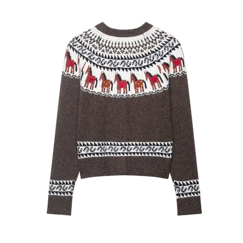 Cárdigan de Punto Jacquard de Caballo Vintage Fair Isle Mujer Cuello Redondo Manga Larga Botones Suéter Marrón Casual