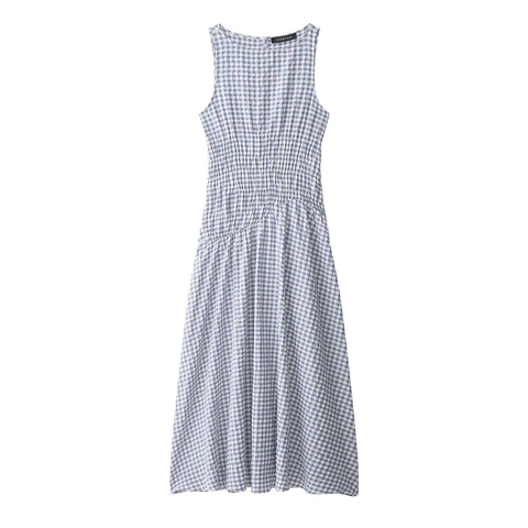 Damen Sommer Ärmellos Gingham Maxi Kleid Smok-Effekt Taille Blau Weiß Kariert Rundhals Baumwollmischung Slim Fit Kleid