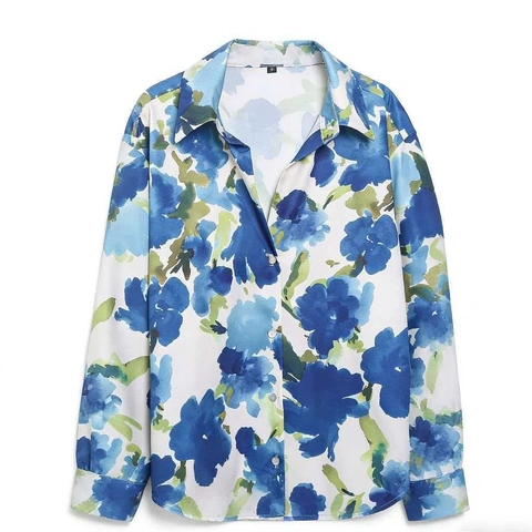 Women Elegant Satin Texture Floral Print Shirt Long Sleeve Button Down Blouse For Office Casual Daily Wear Chic Tops