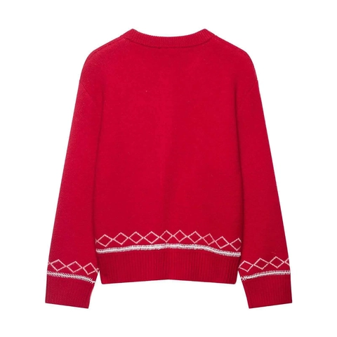 Women Casual Red Knit Cardigan Sweater With White Horse Pattern Geometric Diamond Trim Long Sleeve Button Down Top