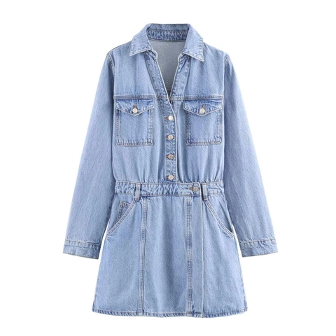 Women Vintage Long Sleeve Denim Dress Slim Fit V Neck Button Up Mini Dress Elegant Casual Blue Jean Dresses For Women